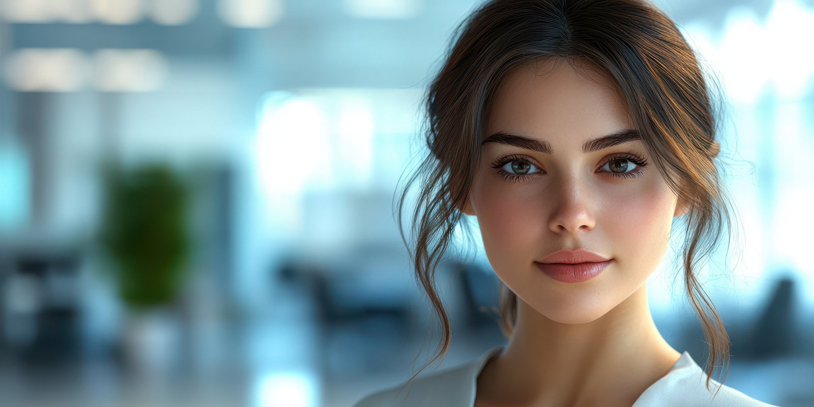 Young woman with brown hair in a modern office environment showing confidence and approachability during the day